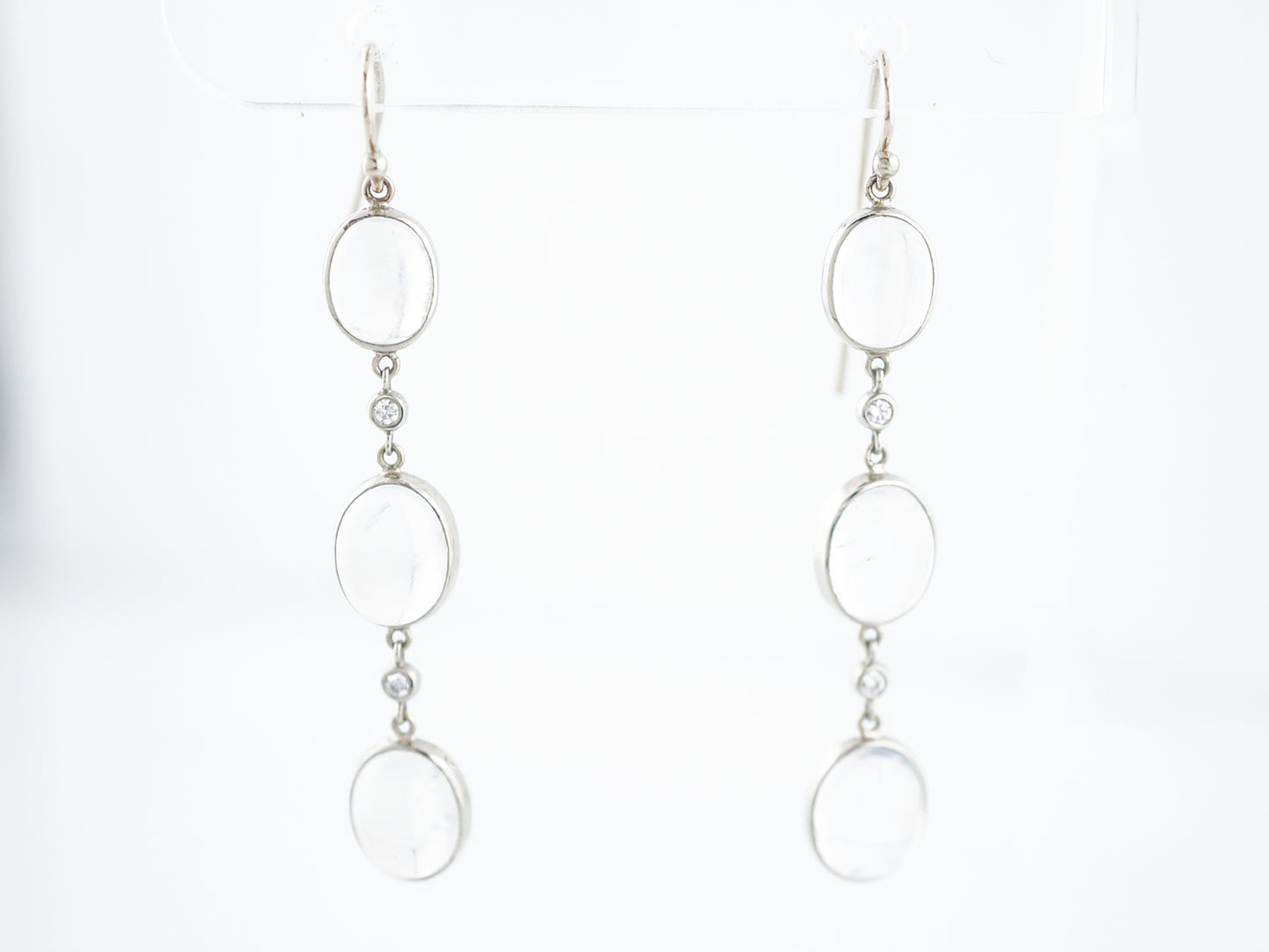 Modern Custom Moonstone and Diamond Dangle Earrings in 18 kt White Gold