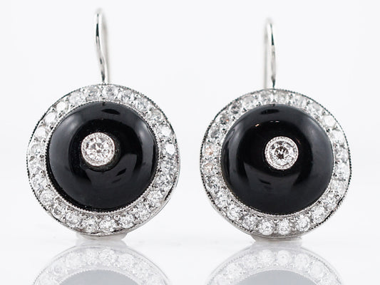 Modern Dangle Drop Earrings 4.64 Cabochon Cut Onyx & .80 Round Brilliant Cut Diamonds in Platinum