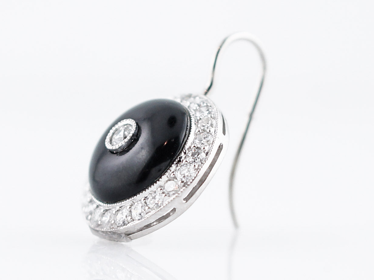 Modern Dangle Drop Earrings 4.64 Cabochon Cut Onyx & .80 Round Brilliant Cut Diamonds in Platinum