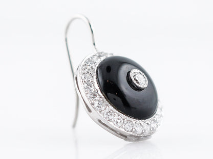 Modern Dangle Drop Earrings 4.64 Cabochon Cut Onyx & .80 Round Brilliant Cut Diamonds in Platinum
