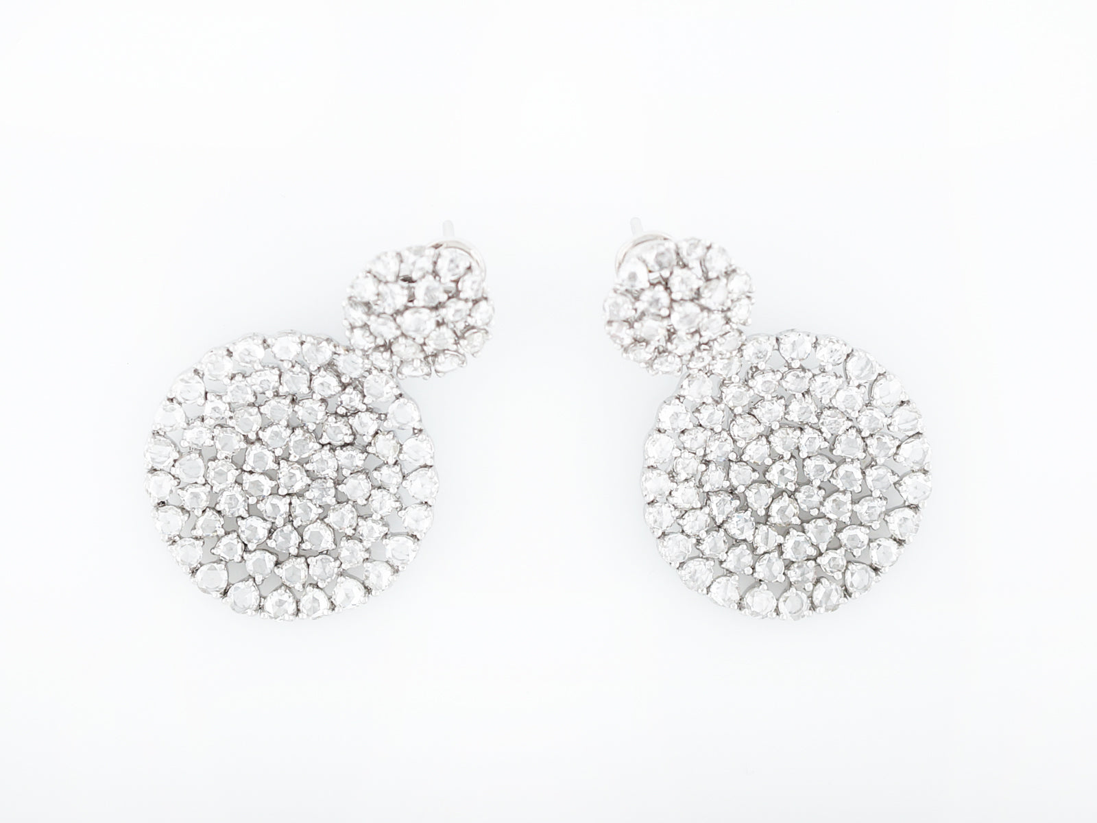 Modern Diamond Pave Disk Earrings 10.74 Rose Cuts in 18k White Gold