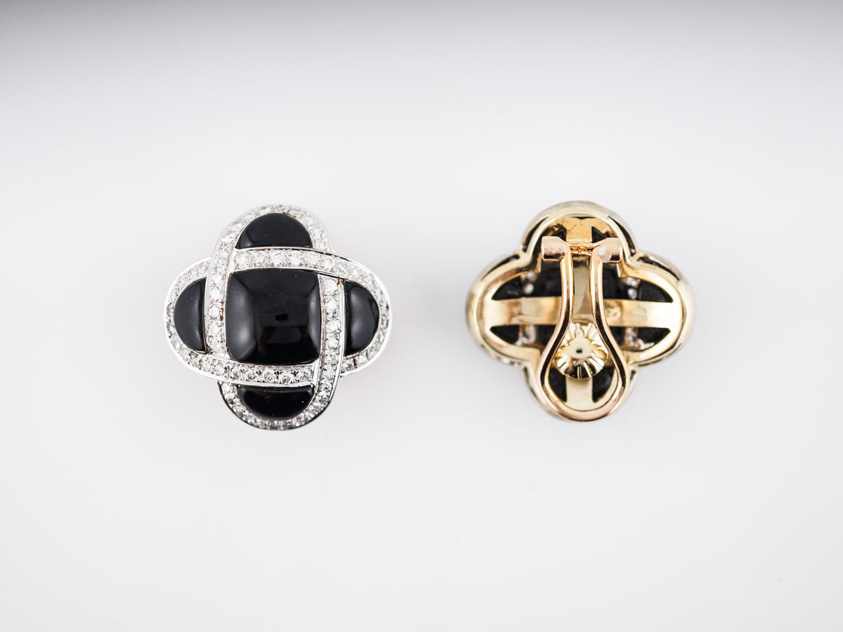 Modern Earrings 2.00 Round Brilliant Cut Diamonds & Onyx in 18k Yellow Gold