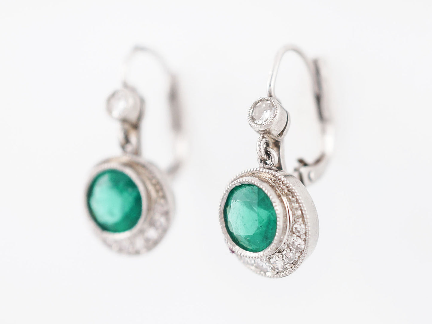 Modern Earrings 2.00 Round Cut Emeralds & .24 Round Brilliant Cut Diamonds in Platinum