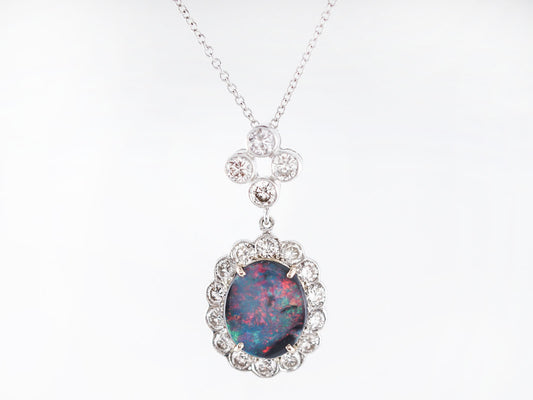 Modern Necklace 1.15 Cabochon Cut Opal 1.24 Round Brilliant Cut Diamonds in 18k White Gold