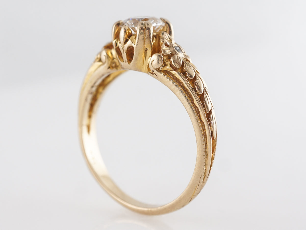Modern Orange Blossom Engraved Engagement Ring in Yellow Gold