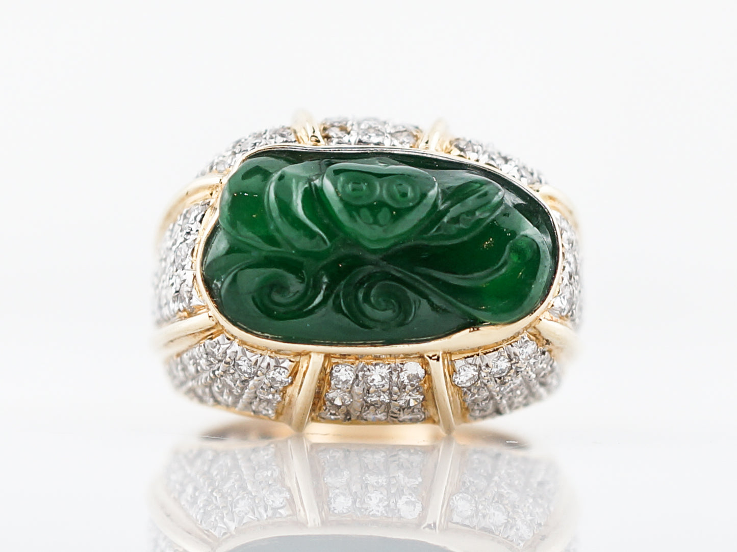 Right Hand Ring Modern 15.38 GIA Pierced Carving Jade in 14K Yellow Gold