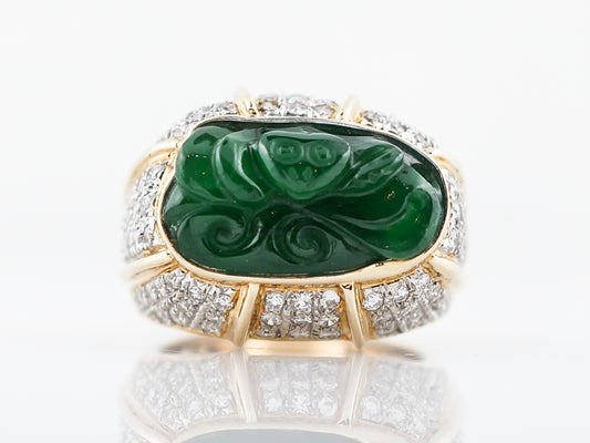 Right Hand Ring Modern 15.38 GIA Pierced Carving Jade in 14K Yellow Gold