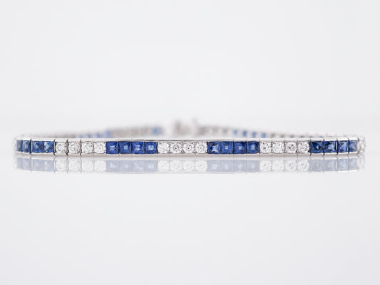 Straight Line Bracelet Modern 1.80 Round Brilliant Cut Diamonds & 4.06 French Cut Sapphires in Platinum