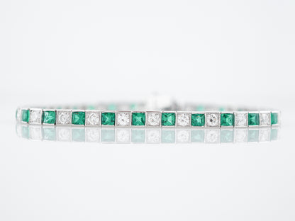 ***RTV***Straight Line Bracelet Modern 2.38 Round Brilliant Cut Diamonds & 3.20 Square Cut Emeralds in Platinum