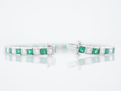 ***RTV***Straight Line Bracelet Modern 2.38 Round Brilliant Cut Diamonds & 3.20 Square Cut Emeralds in Platinum