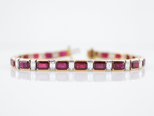 Straight Line Bracelet Modern 2.87 Emerald Cut Diamonds & 12.54 Emerald Cut Rubies in Platinum & 18k Yellow Gold