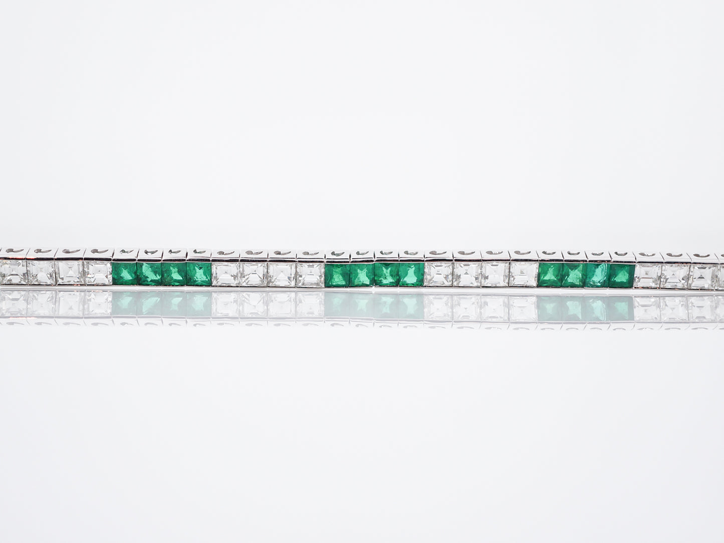Straight Line Bracelet Modern 5.17 Emerald Cut Diamonds &  3.35 Step Cut Emeralds in Platinum