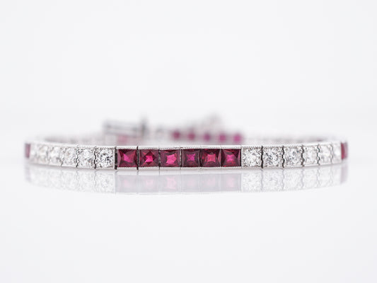 Modern Straight Line Bracelet 5.28 Square Cut Rubies & 2.60 Round Brilliant Cut Diamonds in Platinum