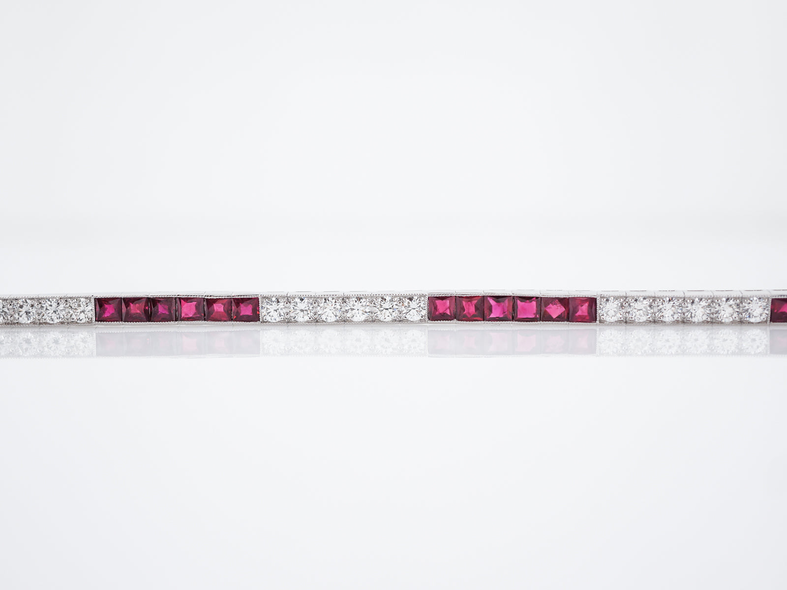 Modern Straight Line Bracelet 5.28 Square Cut Rubies & 2.60 Round Brilliant Cut Diamonds in Platinum