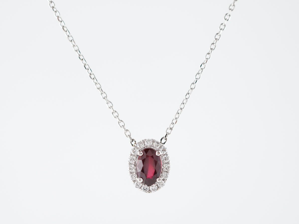 Necklace Modern .46 Oval Cut Ruby & Diamonds in 14k White Gold