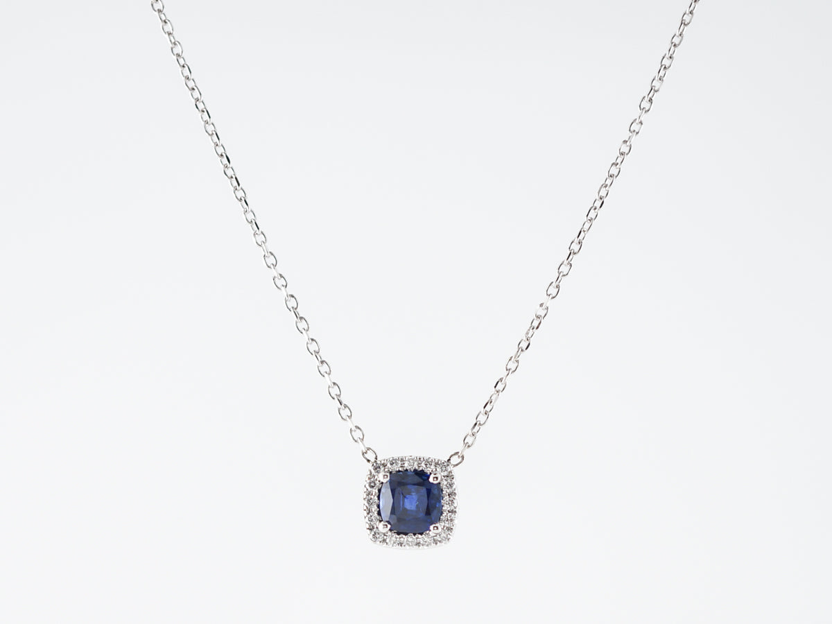 Necklace Modern .57 Square Step Cut Sapphire & Diamonds in 14k White Gold