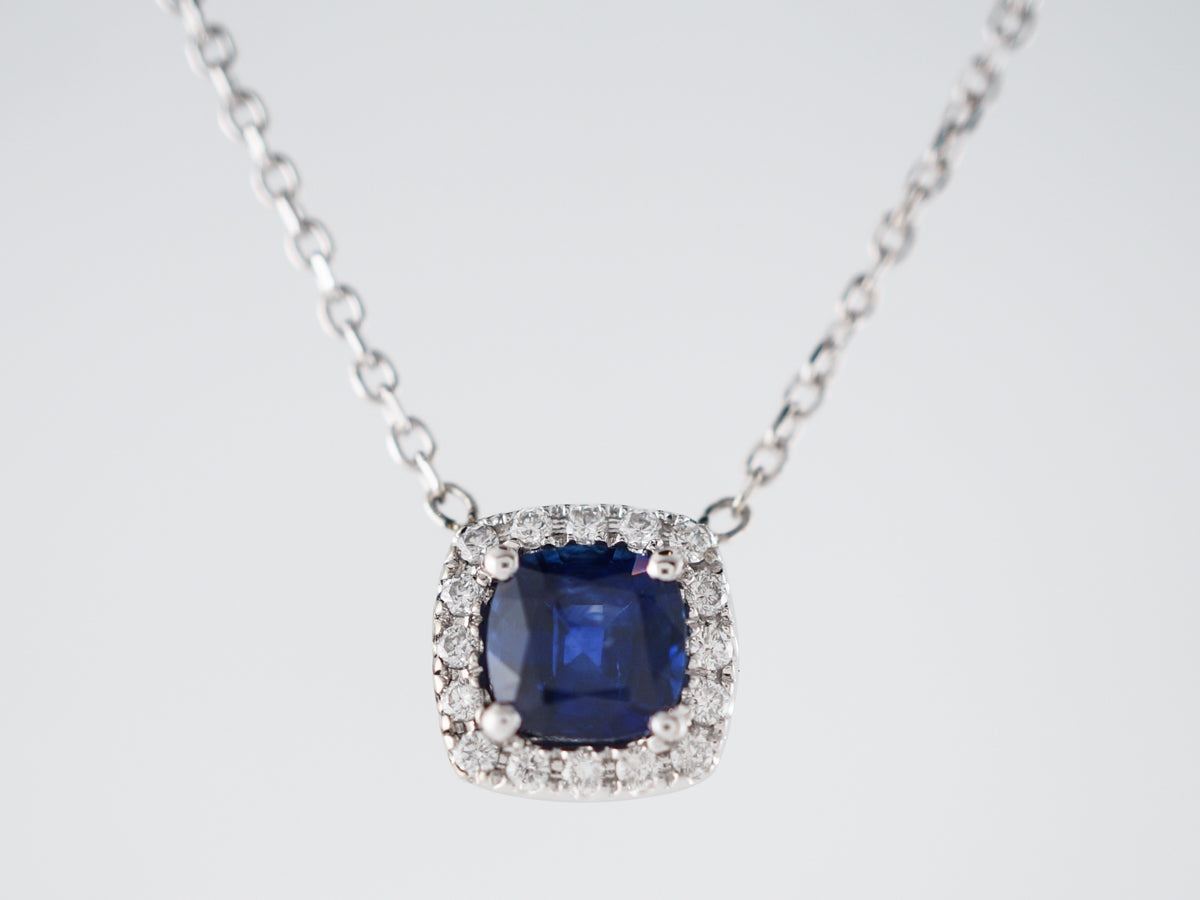 Necklace Modern .57 Square Step Cut Sapphire & Diamonds in 14k White Gold