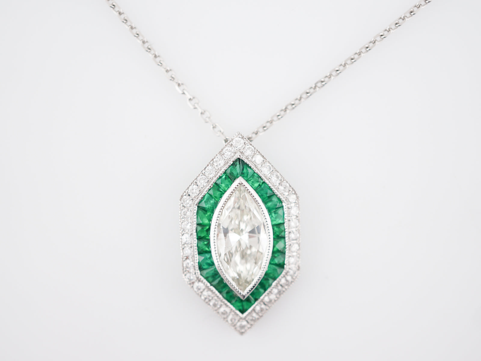 Necklace Modern 1.43 Marquise Cut Diamond & .70 French Cut Emeralds in Platinum
