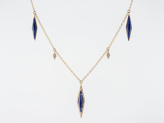Vintage Style Necklace Cabochon Cut Lapis & Single Cut Diamonds in Yellow Gold