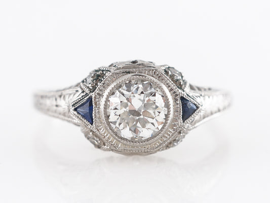 Deco European Cut Diamond Engagement Ring w/ Sapphires