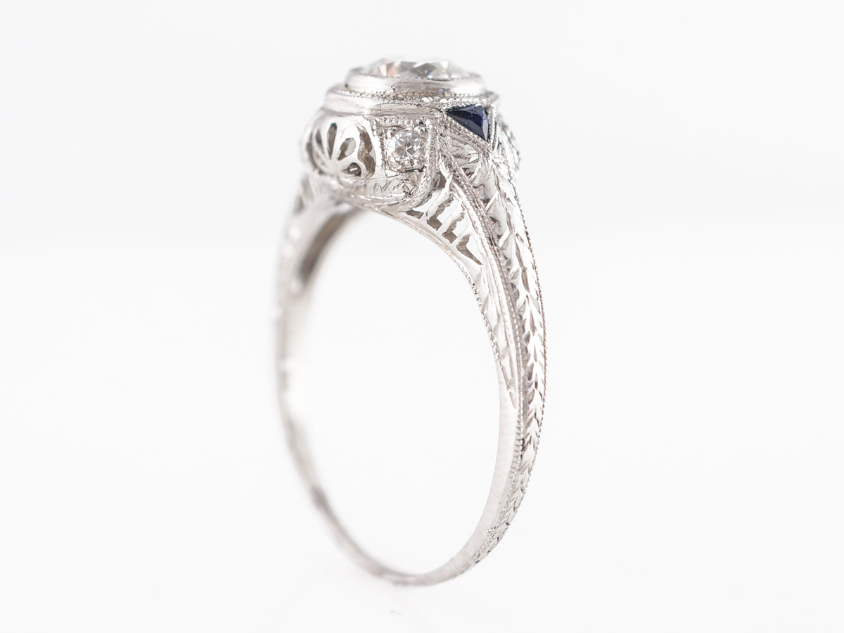 Deco European Cut Diamond Engagement Ring w/ Sapphires