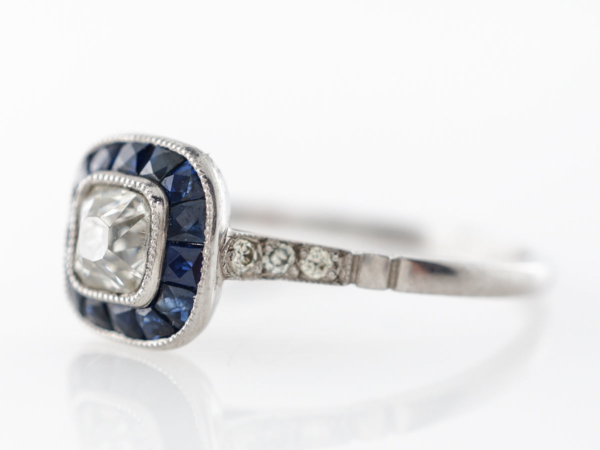 Old Mine Diamond & Sapphire Halo Engagement Ring Platinum
