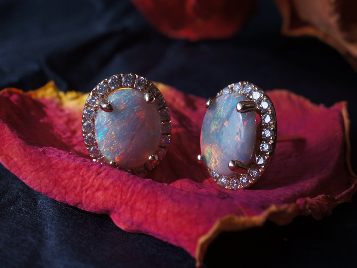 Opal & Diamond Earring Studs in 14k Yellow Gold