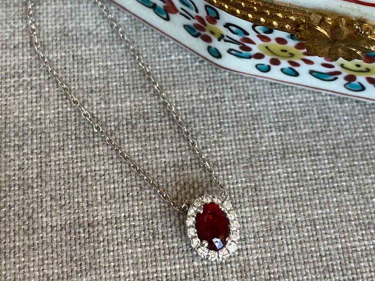 Oval Cut Ruby & Diamond Necklace in 14k White Gold