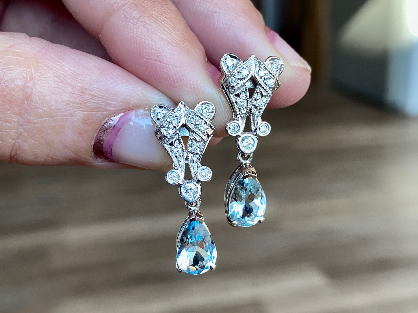 Pear Cut Aquamarine Earrings w/ Diamonds in 18k White Gold