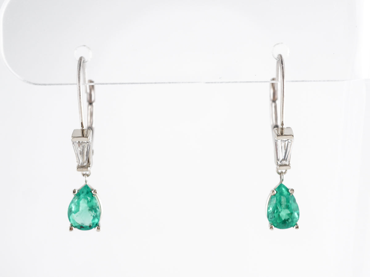 Emerald & Diamond Drop Earrings in 14k White Gold