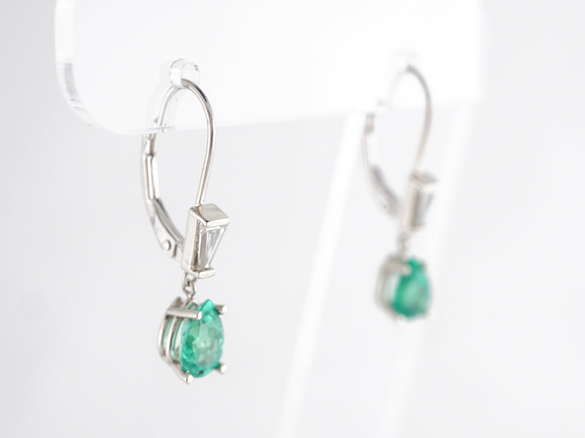 Emerald & Diamond Drop Earrings in 14k White Gold