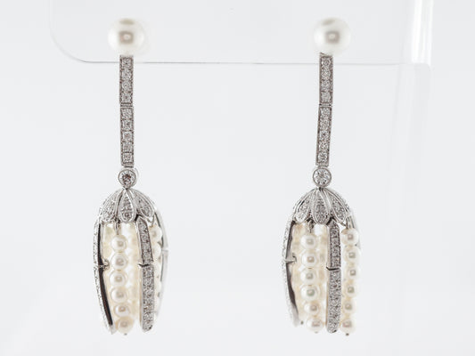 Diamond Dangle Earrings w/ Pearls in Platinum