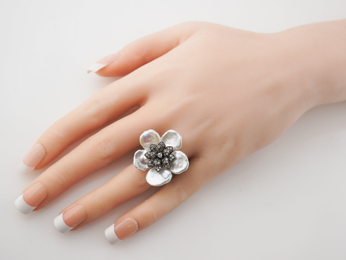 Keshi Pearl & Diamond Floral Cocktail Ring in Sterling Silver