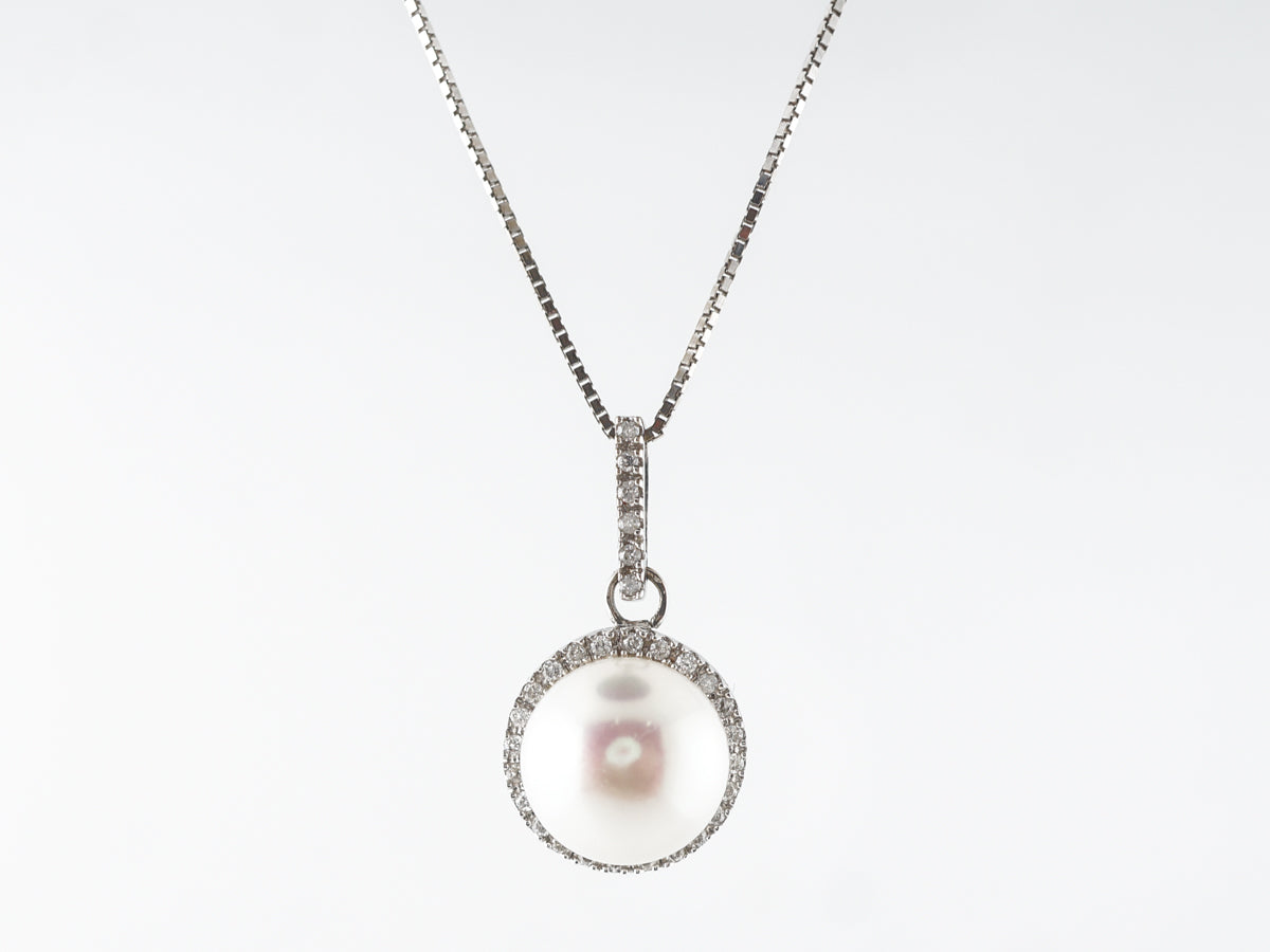 Pearl & Diamond Pave Pendant Necklace 14k