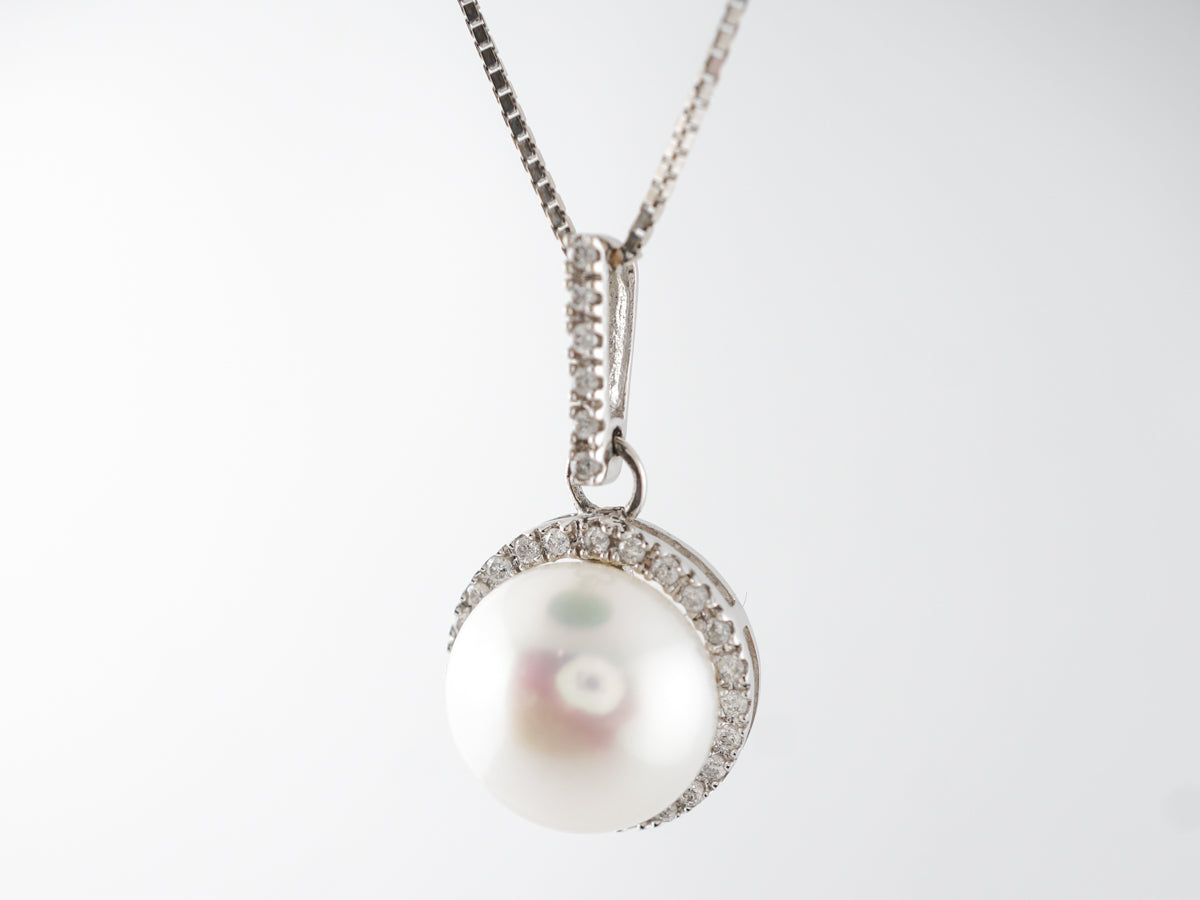 Pearl & Diamond Pave Pendant Necklace 14k