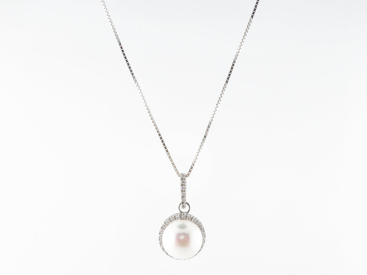 Pearl & Diamond Pave Pendant Necklace 14k