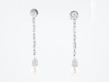 Pearl Earrings Modern .70 Round Brilliant & Baguette Cut Diamond in Platinum