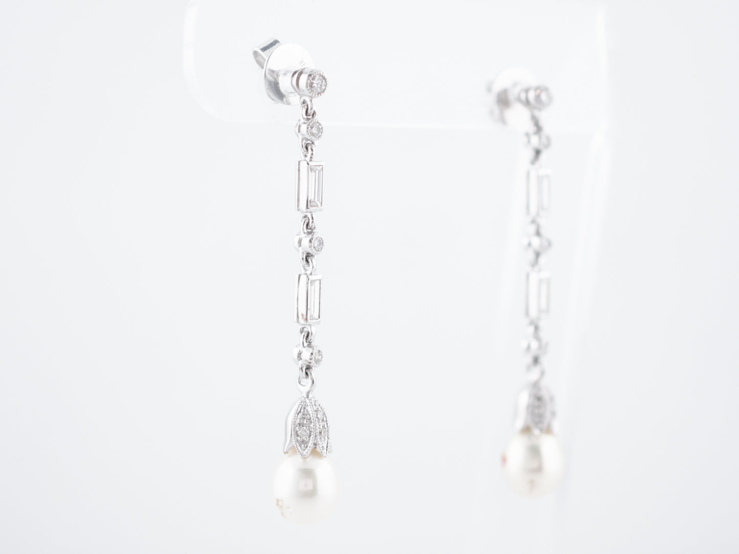 Pearl Earrings Modern .70 Round Brilliant & Baguette Cut Diamond in Platinum