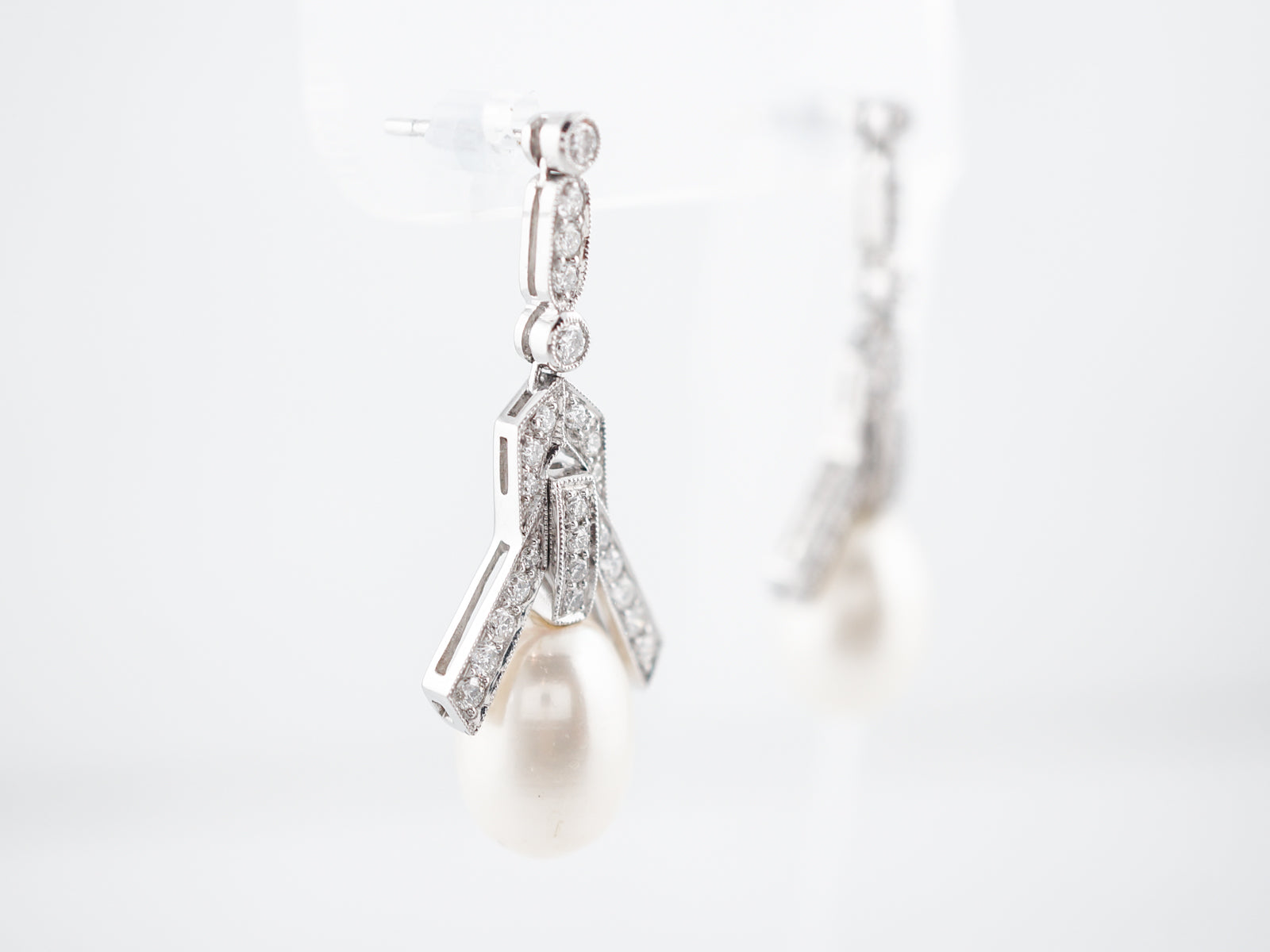 Pearl Earrings Modern .94 Round Brilliant Cut Diamond in Platinum