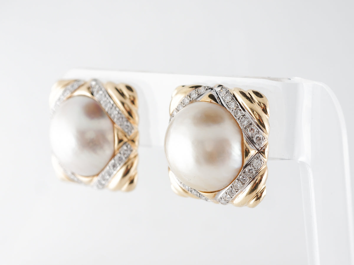 1.00 Carat Diamond & Pearl Earrings in Yellow Gold
