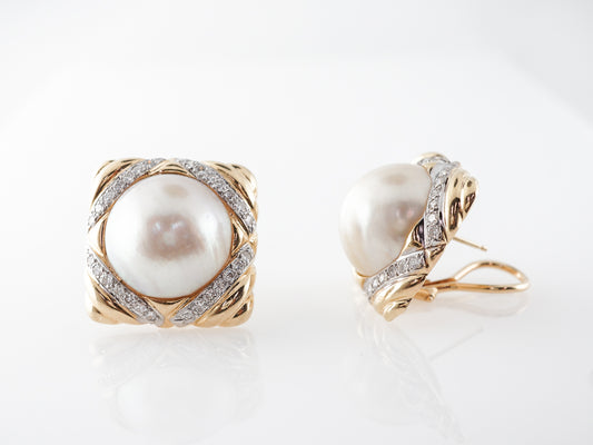 1.00 Carat Diamond & Pearl Earrings in Yellow Gold