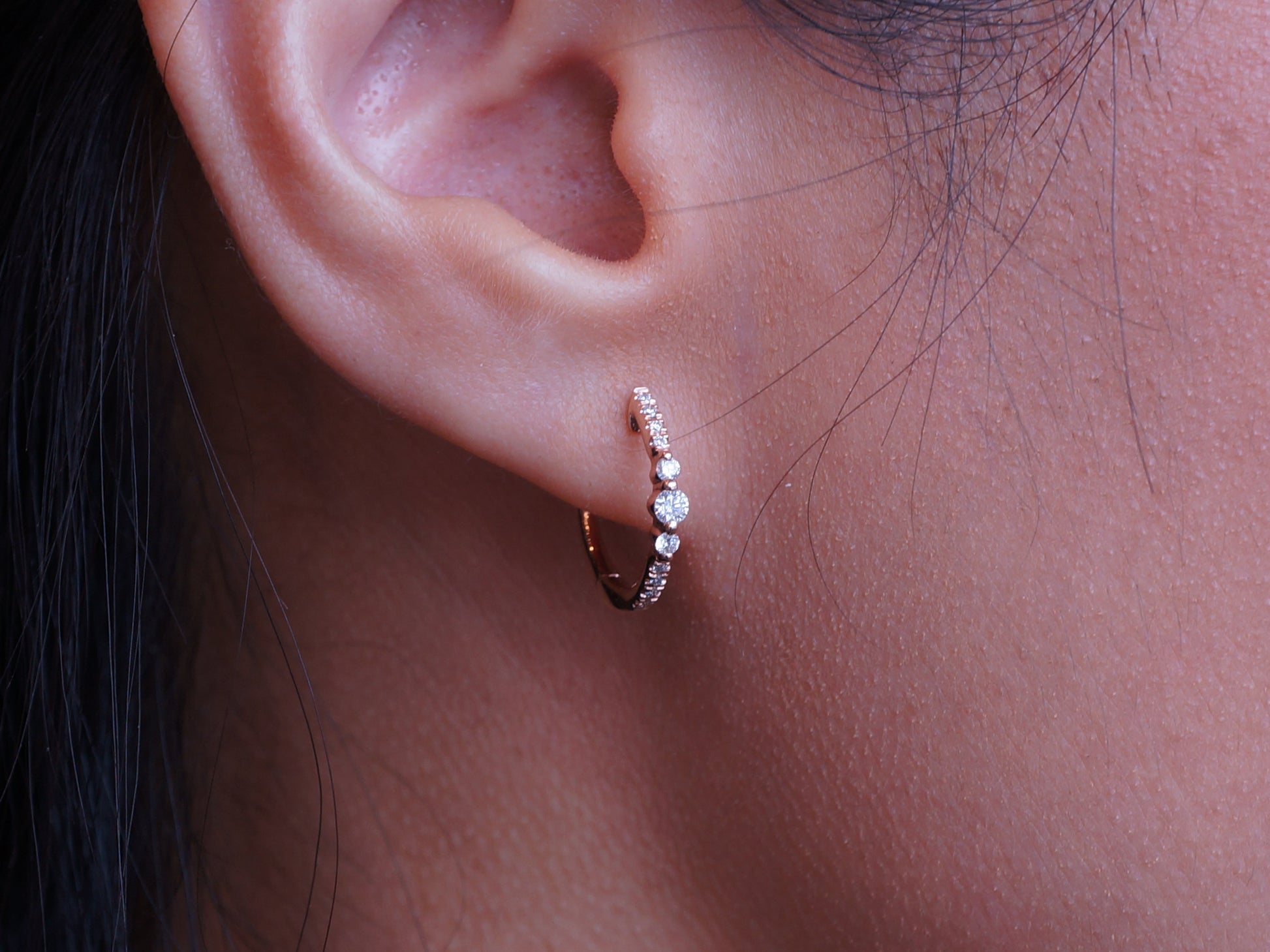 Petite Hoop Earrings w/ Round Brilliant Diamonds in Rose Gold