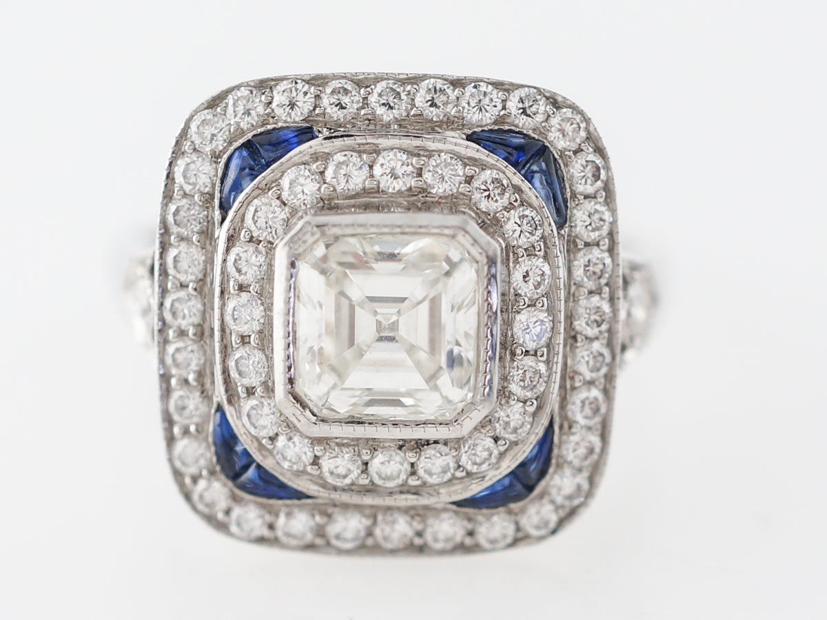 Asscher Cut Diamond Engagement Ring w/ Sapphire Accents
