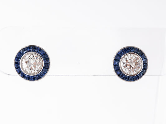 Vintage Style Stud Earrings w/ Diamonds & Sapphire Accents