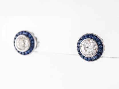 Vintage Style Stud Earrings w/ Diamonds & Sapphire Accents