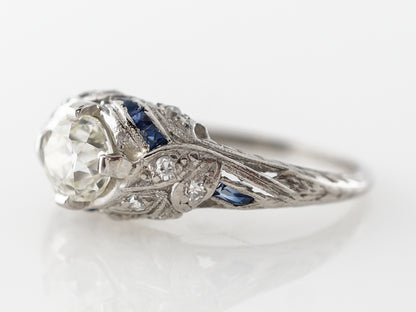 Art Deco Cushion Cut Diamond Engagement Ring w/ Sapphire Accents