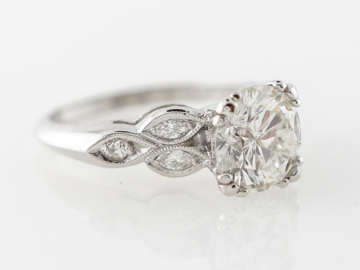 Platinum Deco Engagement Ring w/ Round Brilliant Diamond