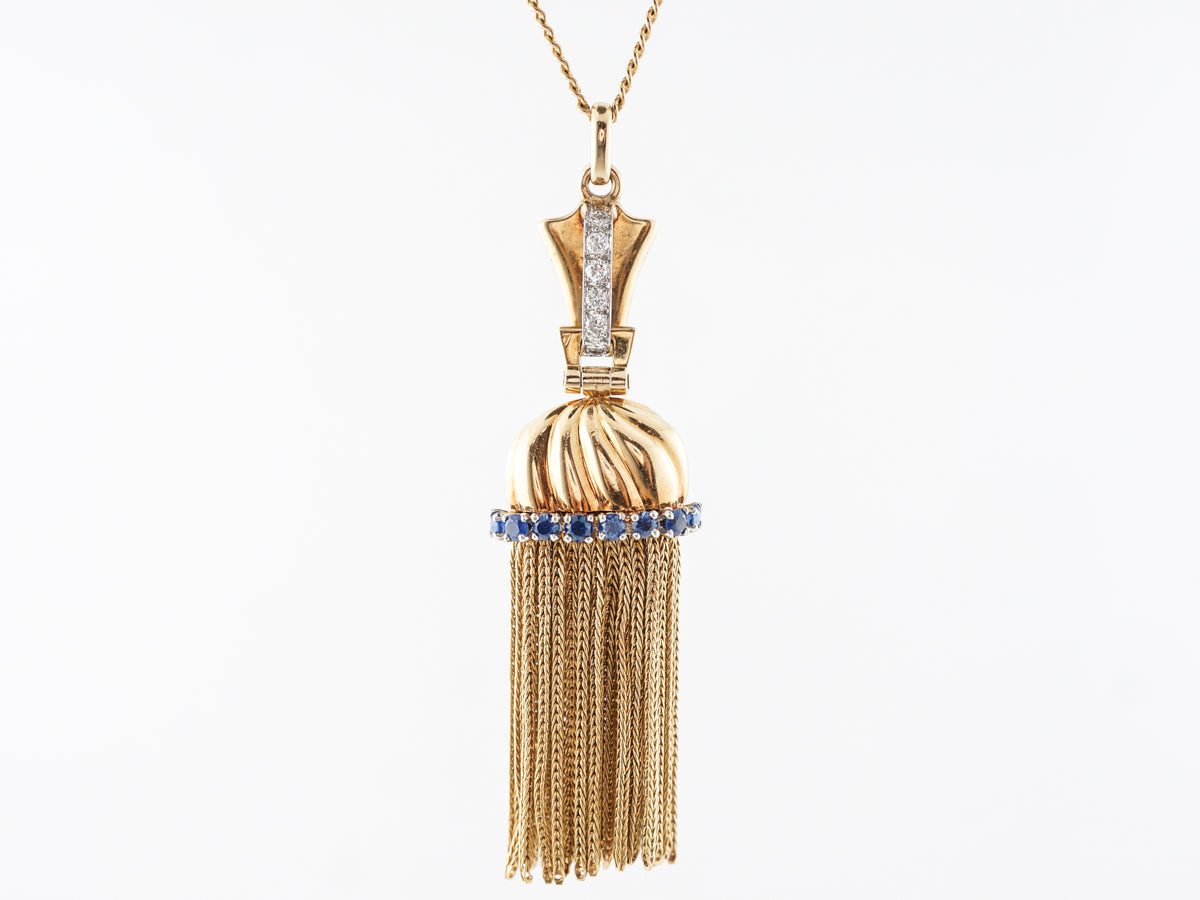 Vintage French Retro Diamond & Sapphire Tassel Pendant in Yellow Gold