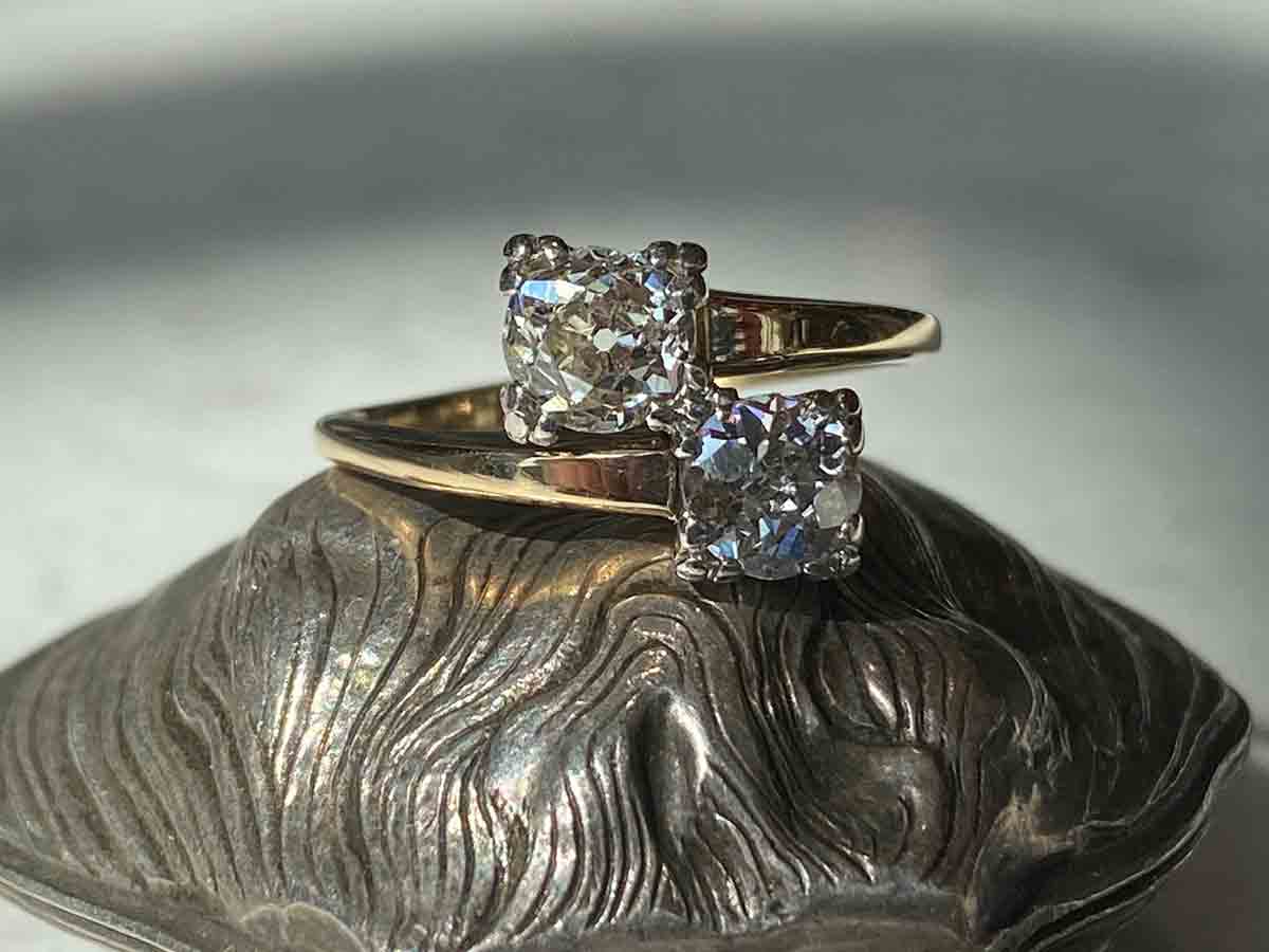 Retro Two Stone Old European & Old Mine Cut Diamond Ring
