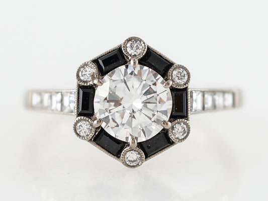 Onyx & Diamond Halo Engagement Ring in 18k White Gold